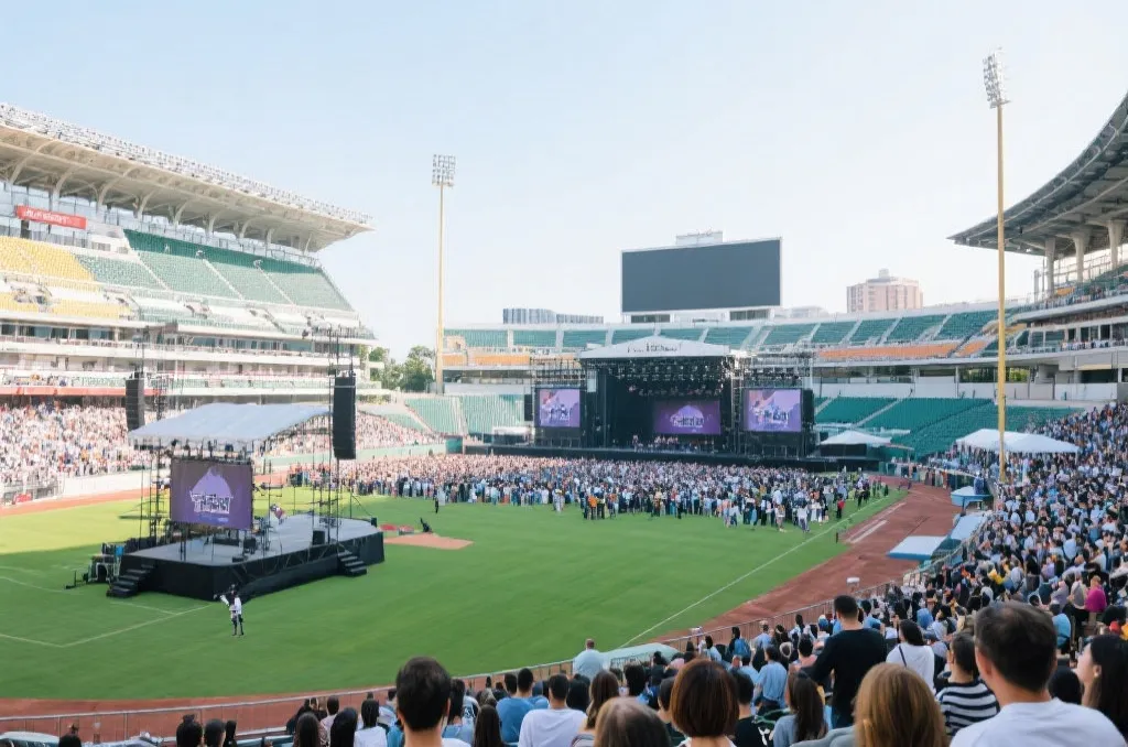 白天球场转为市民集会和演唱会场景,开放空间感