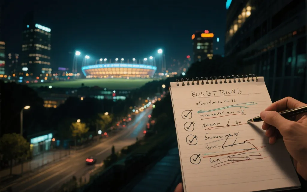 世界杯比赛日城市夜景与球场灯光，前景是预算表与交通线路示意