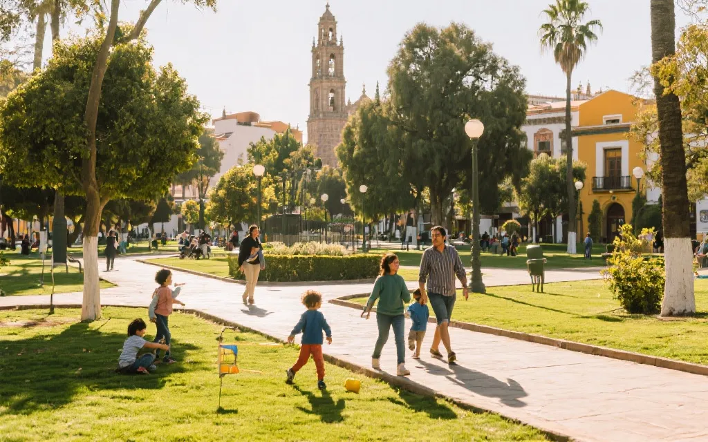亲子旅行场景：孩子在开放空间奔跑，家人轻松步行