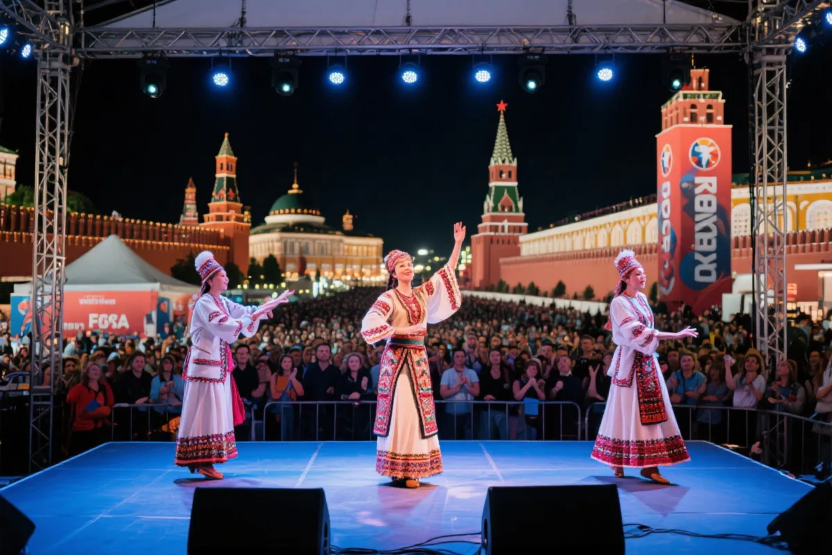 球迷区内的本地文化演出与城市地标风格布景，观众聚集，舞台灯光与地标轮廓形成合影点