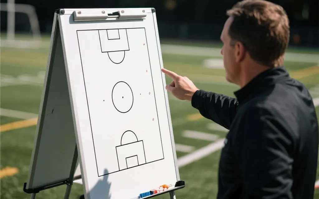 战术板与教练手势：象征战术僵化与临场调整