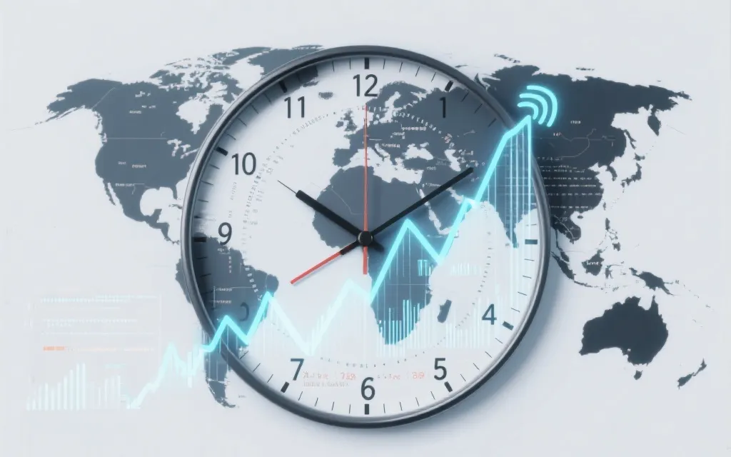 抽象化的全球时区钟面与数据曲线，象征转播窗口、收视率峰值与广告定价逻辑